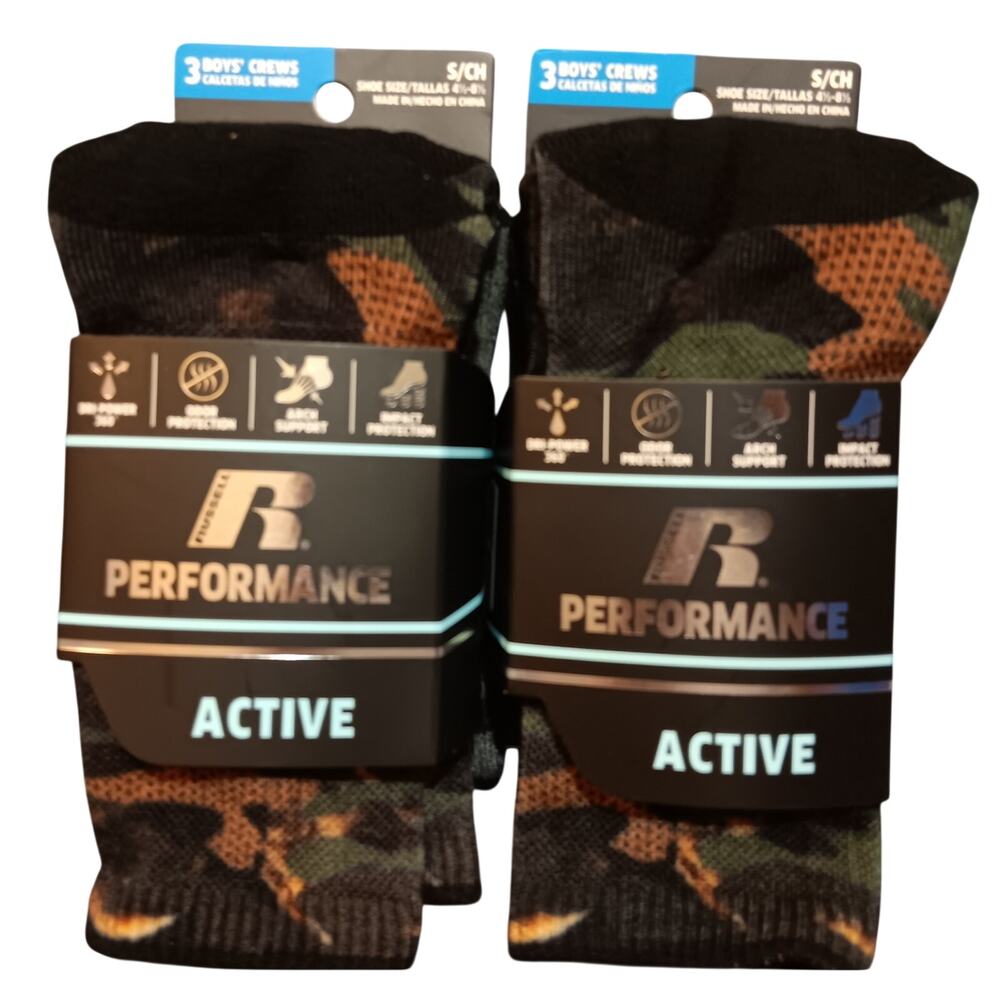 Russell Boys Crew Socks NEW 6 Pair Performance Active Size 4.5 - 8.5 Ultra Soft